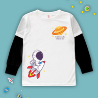 White kids Christian tshirt with black long sleeve undershirt decorated with an astranaut riding a rocket heading towards a planet with the words 'He determines the number of stars" under it.