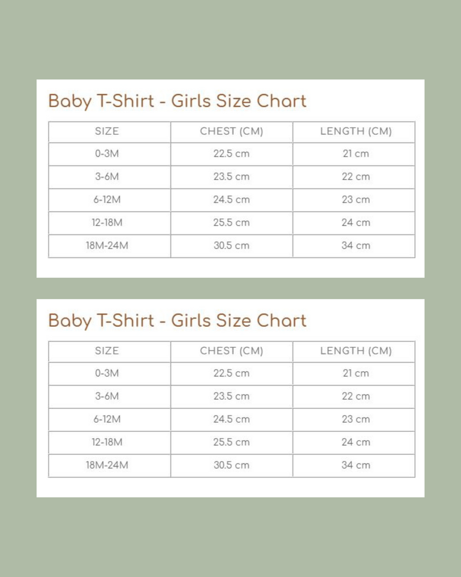 Size chart for baby through girls for christian kids apparel